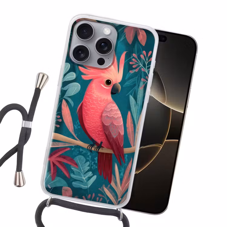 Kaketoe - Tropische bladeren - Tak Hoesje iPhone 16 Pro Max met koord klein -sfeer1