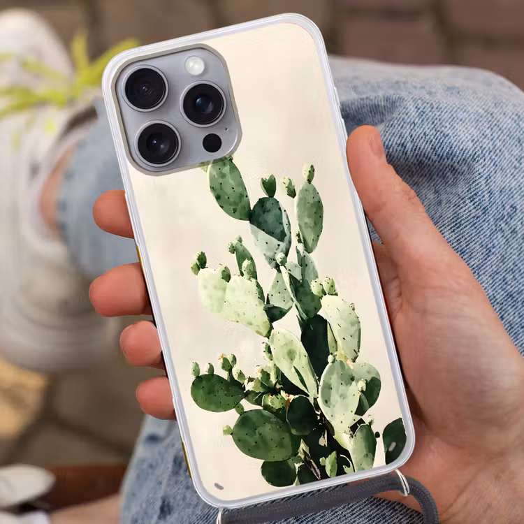 Cactus - Groen - Minimalistisch Hoesje iPhone 16 Pro Max met koord klein -sfeer3
