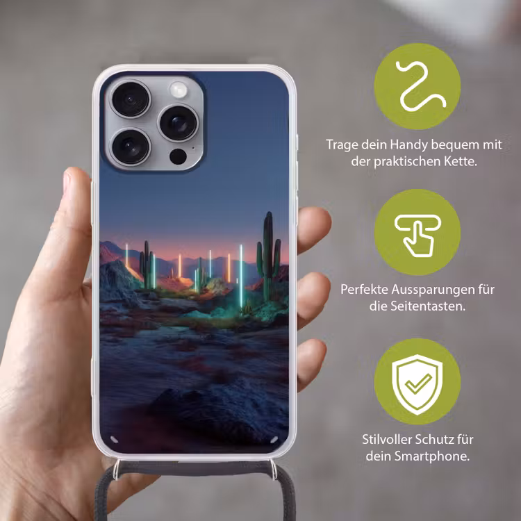 Cactus - Lichtzuilen - Zonsondergang Hoesje iPhone 16 Pro Max met koord klein -sfeer2_DE