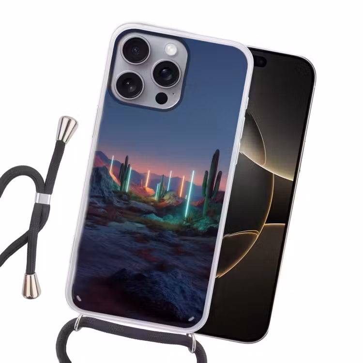 Cactus - Lichtzuilen - Zonsondergang Hoesje iPhone 16 Pro Max met koord klein -sfeer1