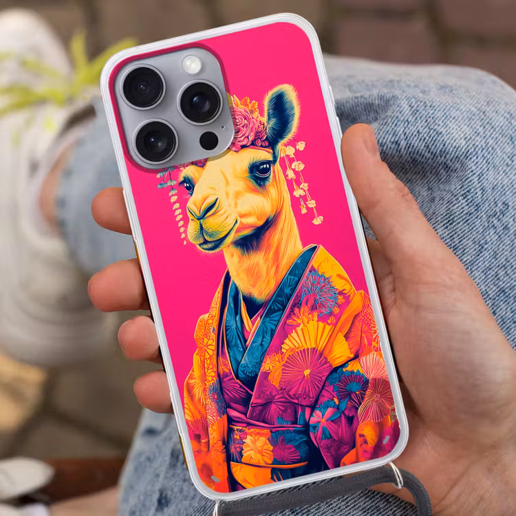 Kameel - Bloemen - Kimono - Waaiers Hoesje iPhone 16 Pro Max met koord klein -sfeer3