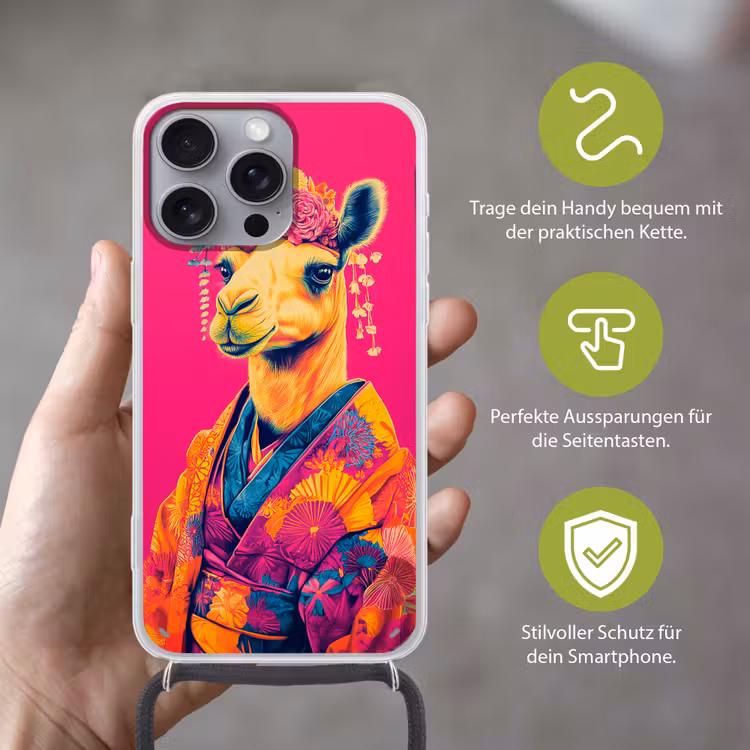 Kameel - Bloemen - Kimono - Waaiers Hoesje iPhone 16 Pro Max met koord klein -sfeer2_DE
