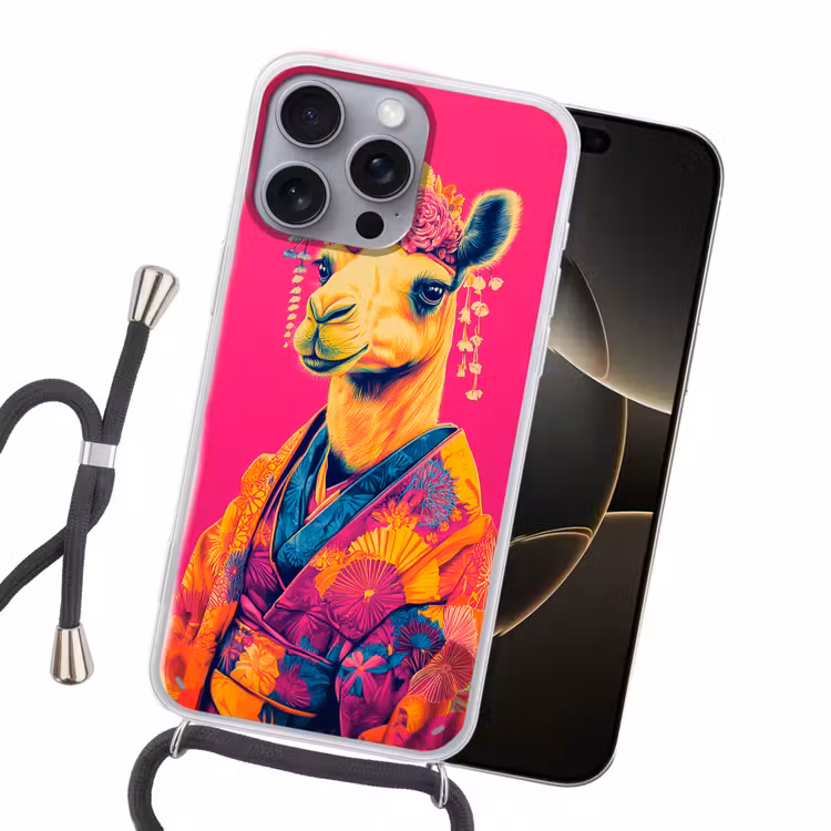 Kameel - Bloemen - Kimono - Waaiers Hoesje iPhone 16 Pro Max met koord klein -sfeer1