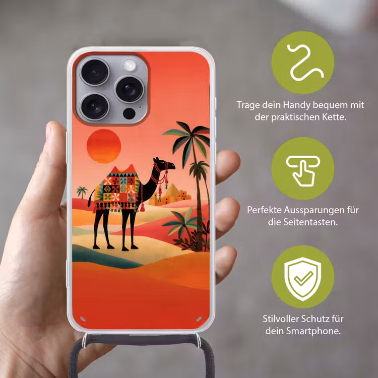 Kameel - Gekleurd tapijt - Duinen - Rode zon Hoesje iPhone 16 Pro Max met koord klein -sfeer2_DE
