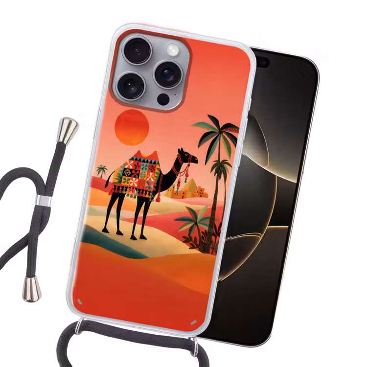 Kameel - Gekleurd tapijt - Duinen - Rode zon Hoesje iPhone 16 Pro Max met koord klein -sfeer1