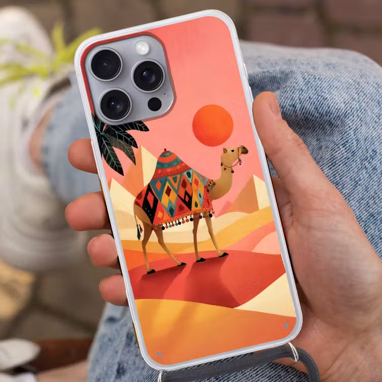 Kameel - Pyramides - Rode zon Hoesje iPhone 16 Pro Max met koord klein -sfeer3