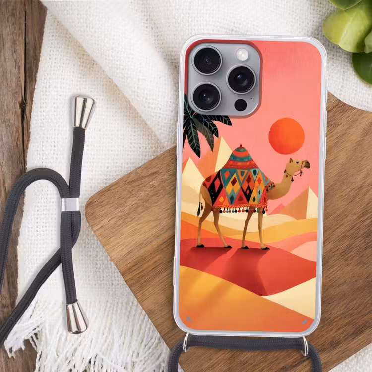 Kameel - Pyramides - Rode zon Hoesje iPhone 16 Pro Max met koord klein -sfeer4
