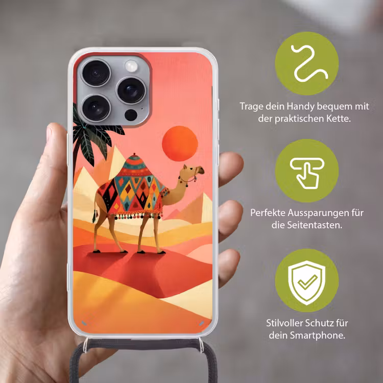 Kameel - Pyramides - Rode zon Hoesje iPhone 16 Pro Max met koord klein -sfeer2_DE