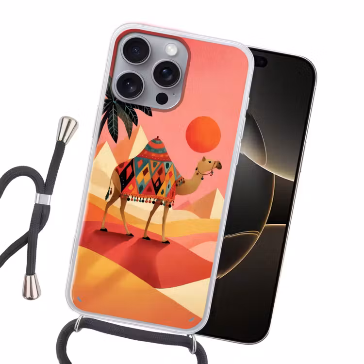 Kameel - Pyramides - Rode zon Hoesje iPhone 16 Pro Max met koord klein -sfeer1