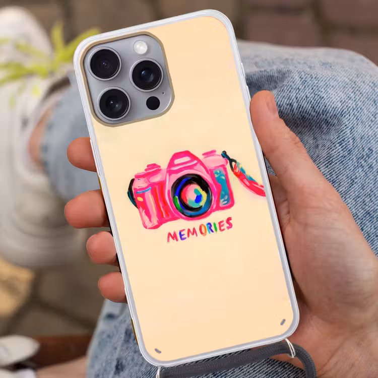 Camera - Memories - Roze - Geschilderd Hoesje iPhone 16 Pro Max met koord klein -sfeer3