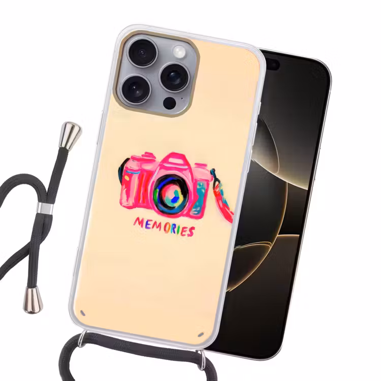 Camera - Memories - Roze - Geschilderd Hoesje iPhone 16 Pro Max met koord klein -sfeer1