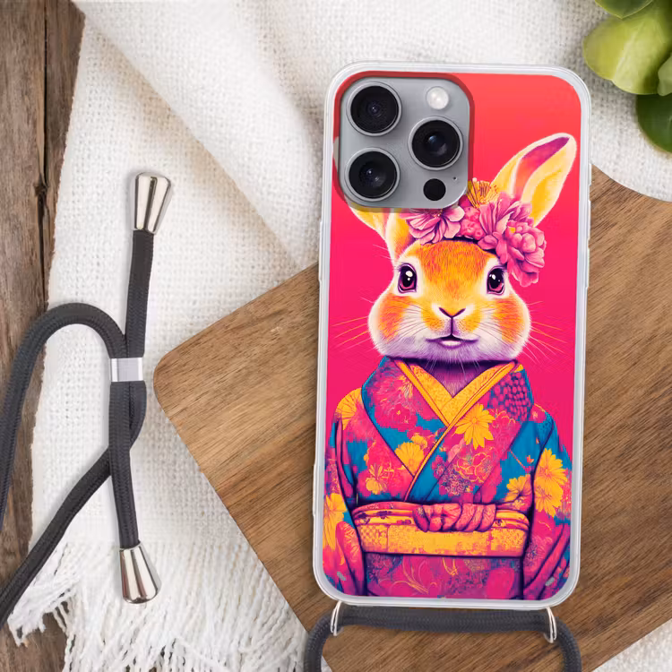 Konijn - Bloemen - Kleurrijk - Kimono Hoesje iPhone 16 Pro Max met koord klein -sfeer4