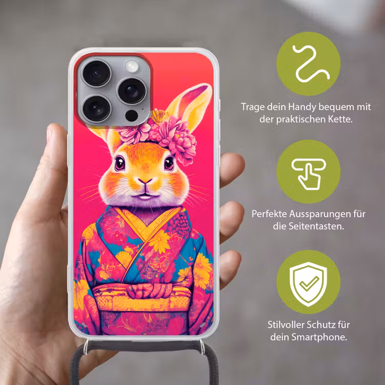 Konijn - Bloemen - Kleurrijk - Kimono Hoesje iPhone 16 Pro Max met koord klein -sfeer2_DE