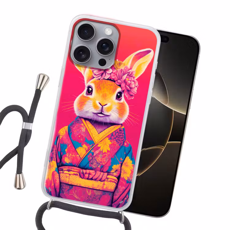 Konijn - Bloemen - Kleurrijk - Kimono Hoesje iPhone 16 Pro Max met koord klein -sfeer1