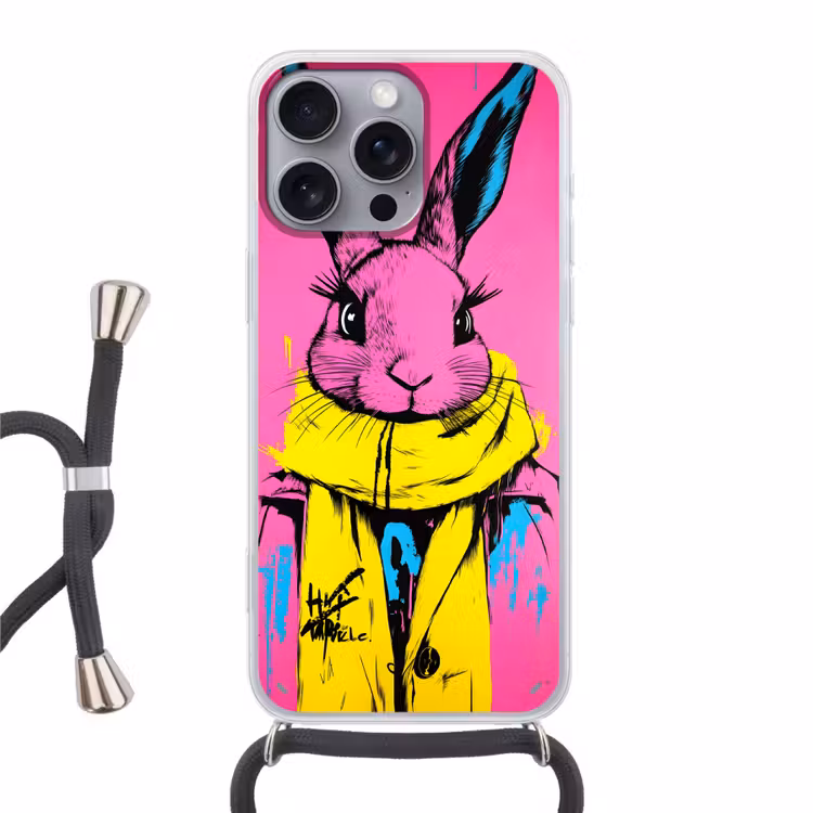 Konijn - Felroze - Sjaal - Abstract Hoesje iPhone 16 Pro Max met koord klein -3d