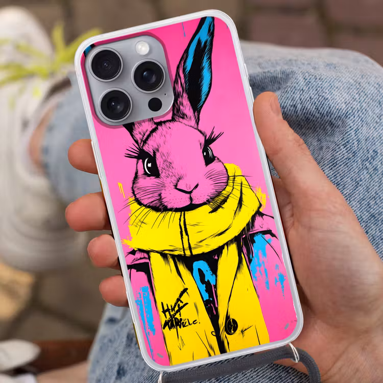 Konijn - Felroze - Sjaal - Abstract Hoesje iPhone 16 Pro Max met koord klein -sfeer3