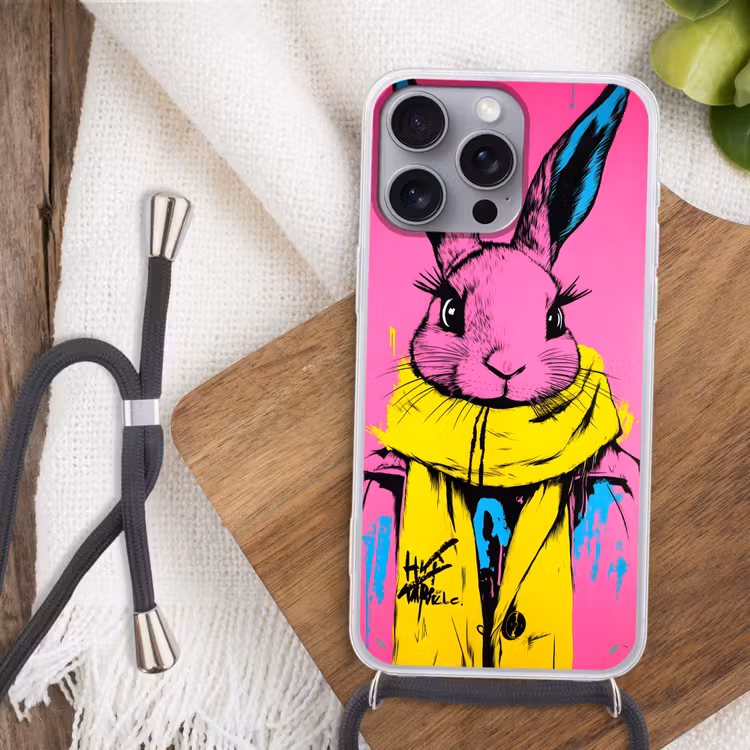 Konijn - Felroze - Sjaal - Abstract Hoesje iPhone 16 Pro Max met koord klein -sfeer4