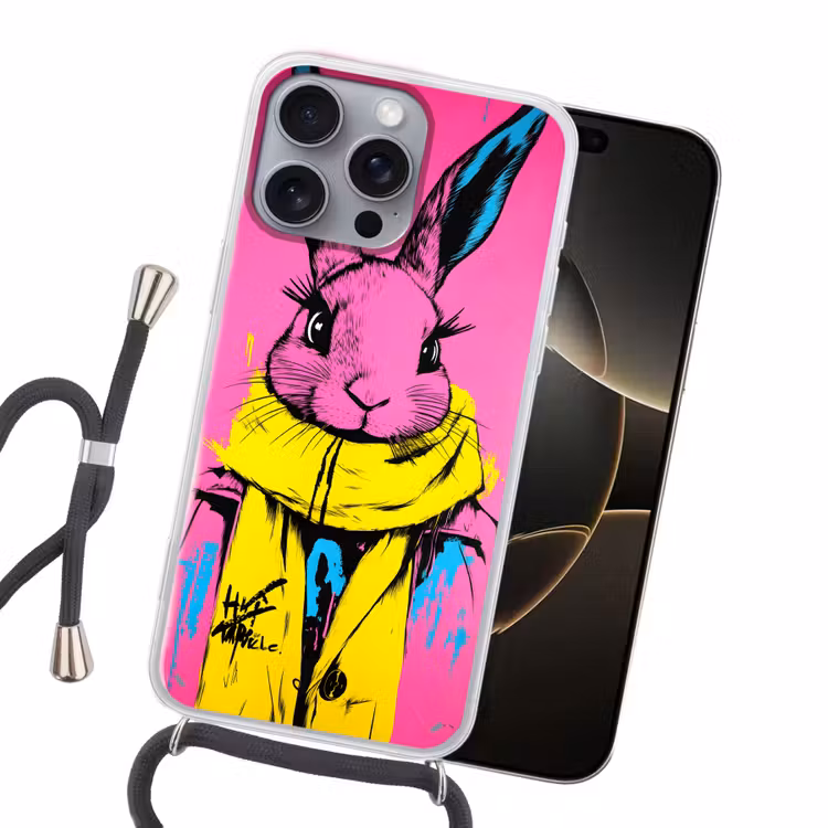 Konijn - Felroze - Sjaal - Abstract Hoesje iPhone 16 Pro Max met koord klein -sfeer1