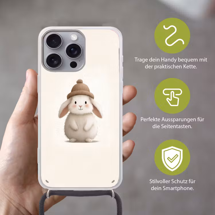 Konijn - Muts - Oren - Beige Hoesje iPhone 16 Pro Max met koord klein -sfeer2_DE