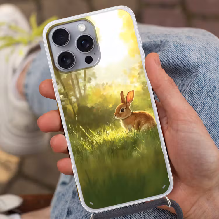 Konijn - Zonlicht - Bos Hoesje iPhone 16 Pro Max met koord klein -sfeer3