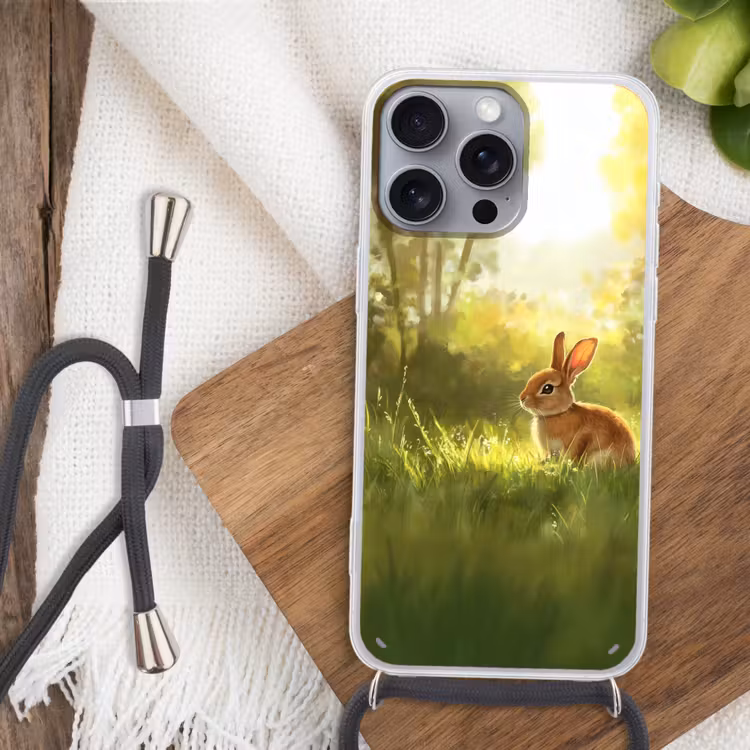 Konijn - Zonlicht - Bos Hoesje iPhone 16 Pro Max met koord klein -sfeer4