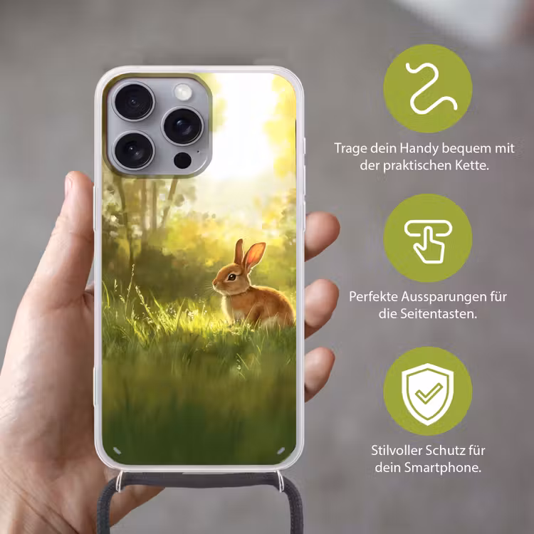 Konijn - Zonlicht - Bos Hoesje iPhone 16 Pro Max met koord klein -sfeer2_DE