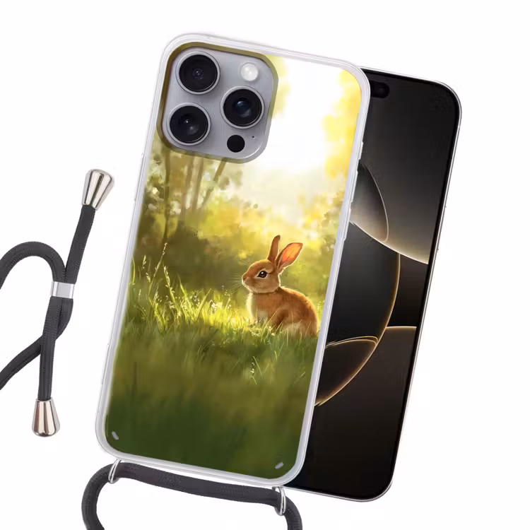 Konijn - Zonlicht - Bos Hoesje iPhone 16 Pro Max met koord klein -sfeer1