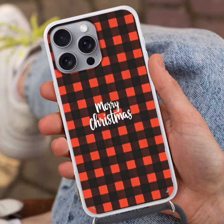 Geruit - Rood - Tekst - Christmas Hoesje iPhone 16 Pro Max met koord klein -sfeer3
