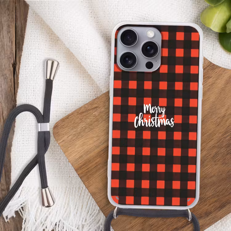 Geruit - Rood - Tekst - Christmas Hoesje iPhone 16 Pro Max met koord klein -sfeer4