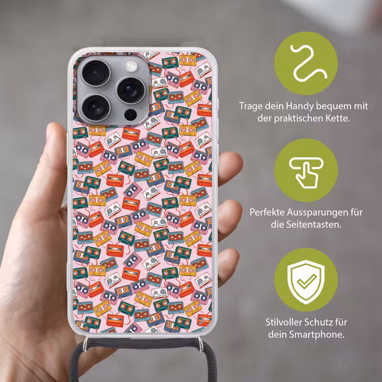 Cassette - Patroon - Roze Hoesje iPhone 16 Pro Max met koord klein 804 -sfeer2_DE