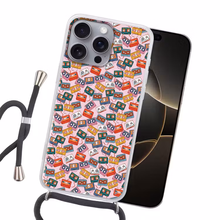 Cassette - Patroon - Roze Hoesje iPhone 16 Pro Max met koord klein 804 -sfeer1