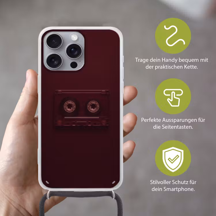 Cassetteband - Bordeaux - Vintage Hoesje iPhone 16 Pro Max met koord klein -sfeer2_DE