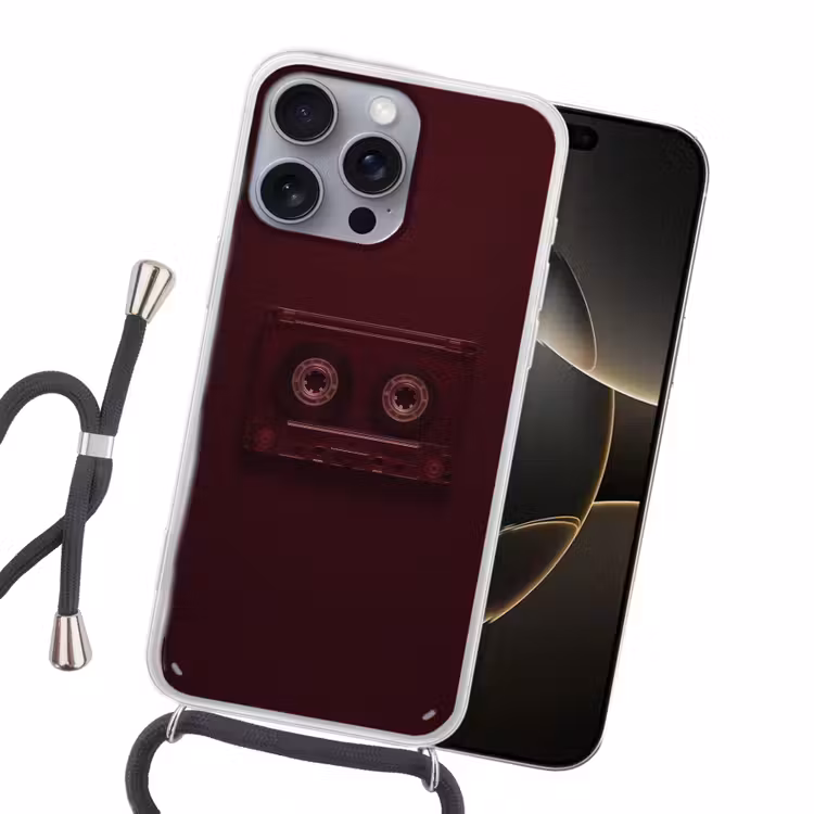 Cassetteband - Bordeaux - Vintage Hoesje iPhone 16 Pro Max met koord klein -sfeer1