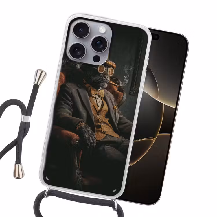 Kat - Pak - Oranje - Sigaar Hoesje iPhone 16 Pro Max met koord klein -sfeer1