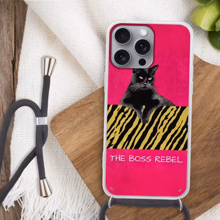 Kat - Baas - Roze - Tijgerprint Hoesje iPhone 16 Pro Max met koord klein -sfeer4