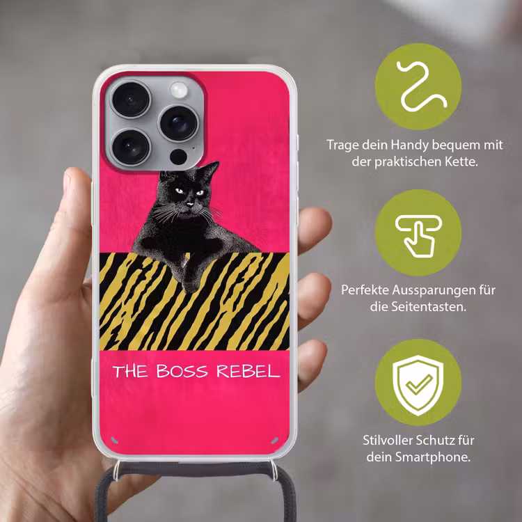 Kat - Baas - Roze - Tijgerprint Hoesje iPhone 16 Pro Max met koord klein -sfeer2_DE