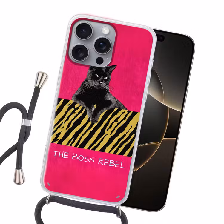 Kat - Baas - Roze - Tijgerprint Hoesje iPhone 16 Pro Max met koord klein -sfeer1
