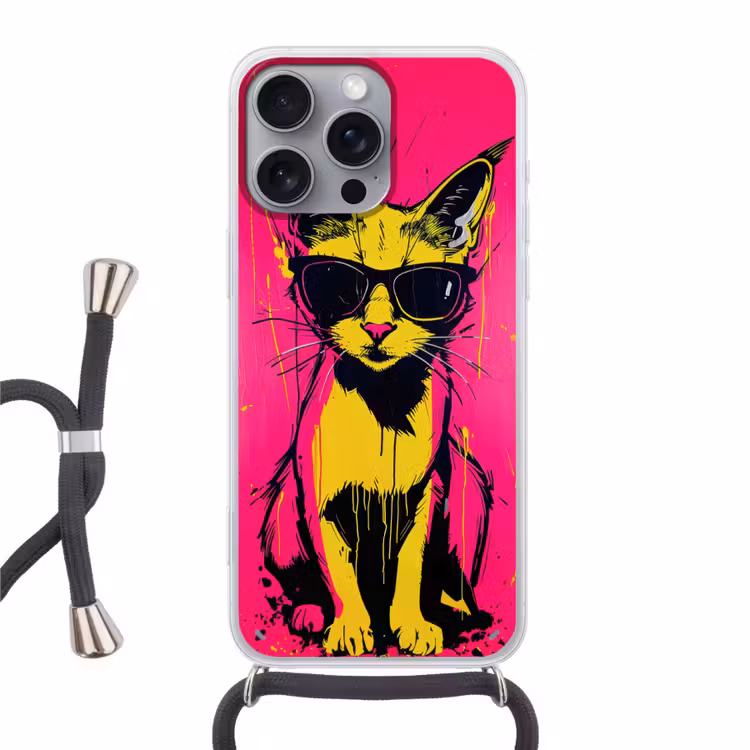 Kat - Art - Zonnebril - Roze Hoesje iPhone 16 Pro Max met koord klein -3d