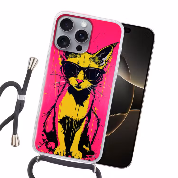 Kat - Art - Zonnebril - Roze Hoesje iPhone 16 Pro Max met koord klein -sfeer1
