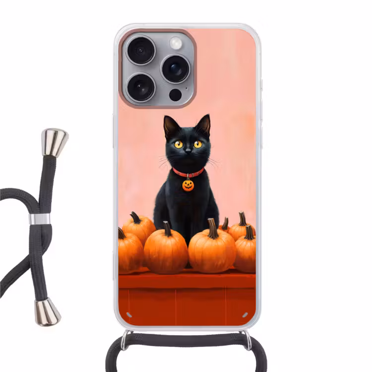 Kat - Pompoen - Roze Hoesje iPhone 16 Pro Max met koord klein -3d