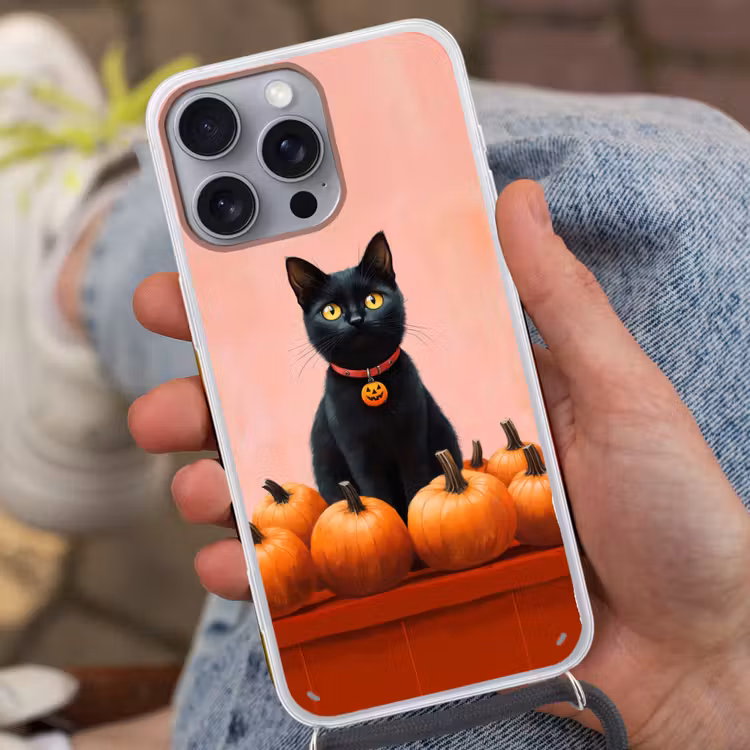 Kat - Pompoen - Roze Hoesje iPhone 16 Pro Max met koord klein -sfeer3