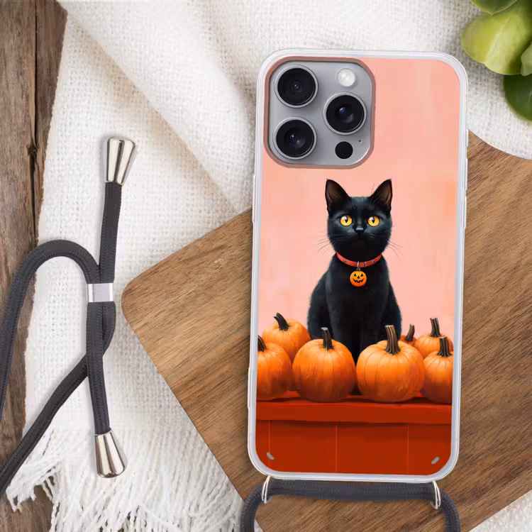 Kat - Pompoen - Roze Hoesje iPhone 16 Pro Max met koord klein -sfeer4