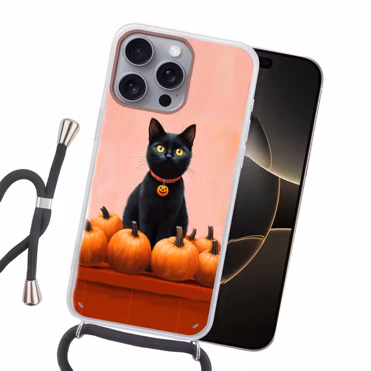 Kat - Pompoen - Roze Hoesje iPhone 16 Pro Max met koord klein -sfeer1