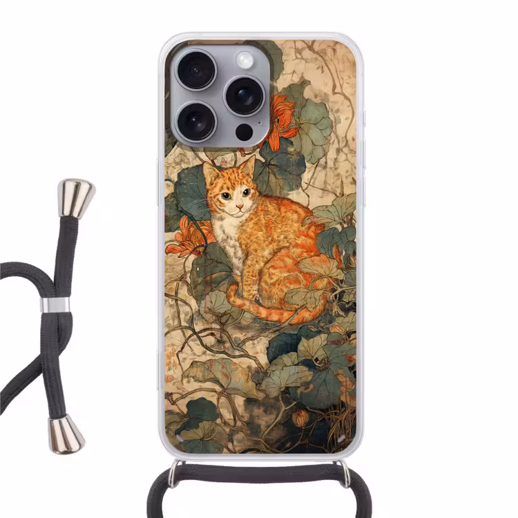 Kat - Sierlijk - Bloemen Hoesje iPhone 16 Pro Max met koord klein -3d
