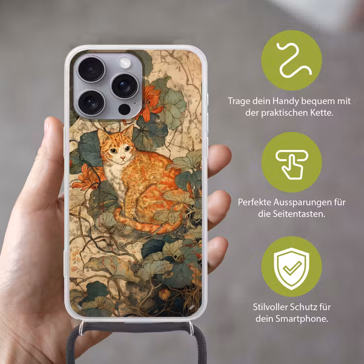 Kat - Sierlijk - Bloemen Hoesje iPhone 16 Pro Max met koord klein -sfeer2_DE