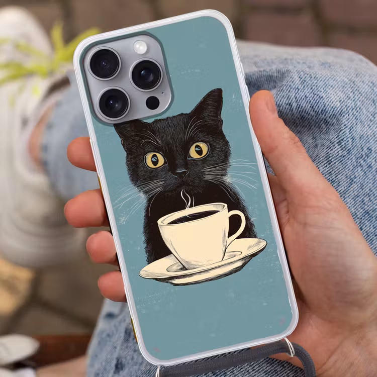 Kat - Zwart - Koffie - Minimalistisch Hoesje iPhone 16 Pro Max met koord klein -sfeer3