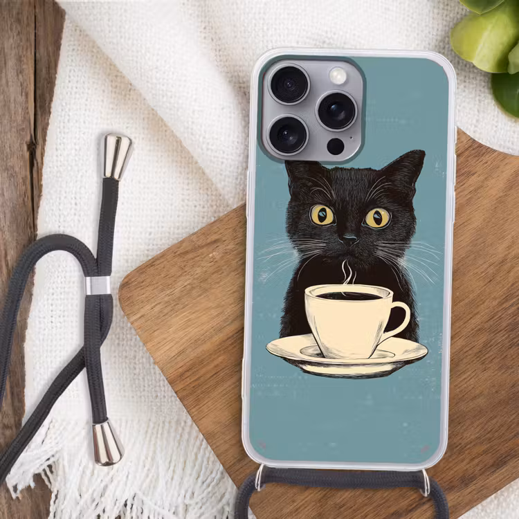 Kat - Zwart - Koffie - Minimalistisch Hoesje iPhone 16 Pro Max met koord klein -sfeer4