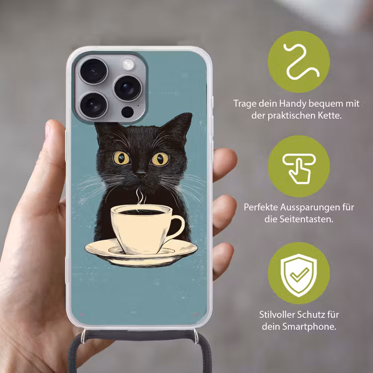 Kat - Zwart - Koffie - Minimalistisch Hoesje iPhone 16 Pro Max met koord klein -sfeer2_DE