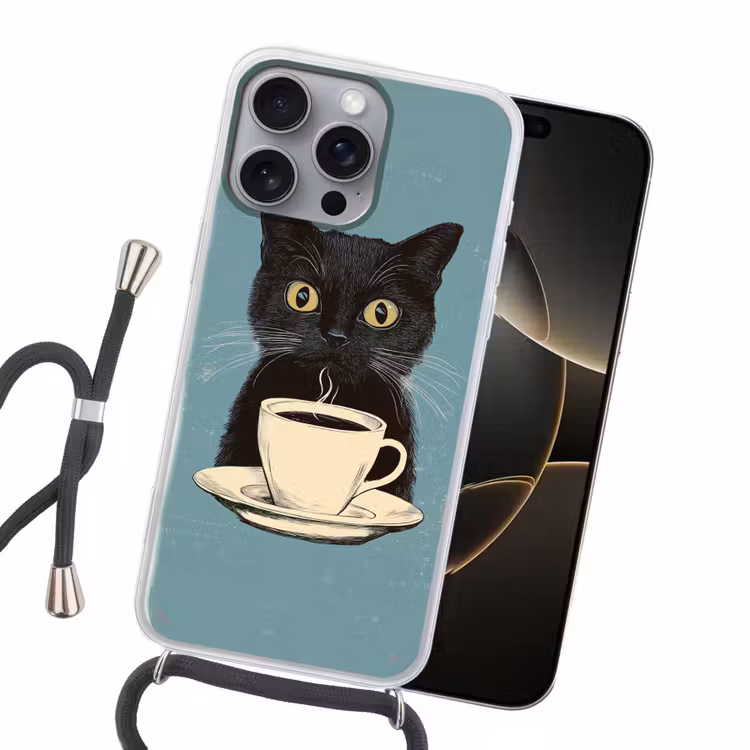 Kat - Zwart - Koffie - Minimalistisch Hoesje iPhone 16 Pro Max met koord klein -sfeer1