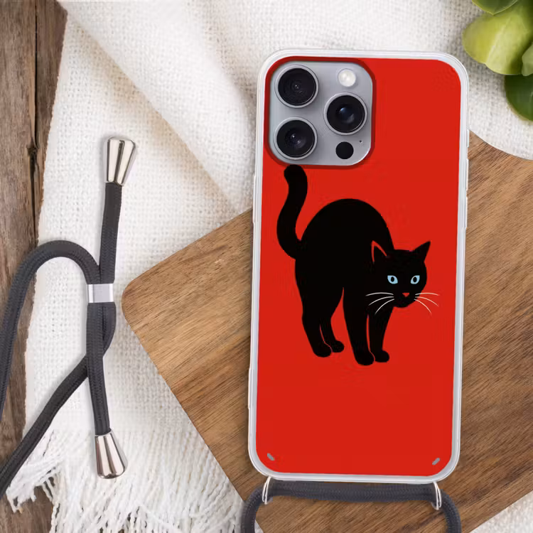 Kat - Zwart - Staart Hoesje iPhone 16 Pro Max met koord klein -sfeer4